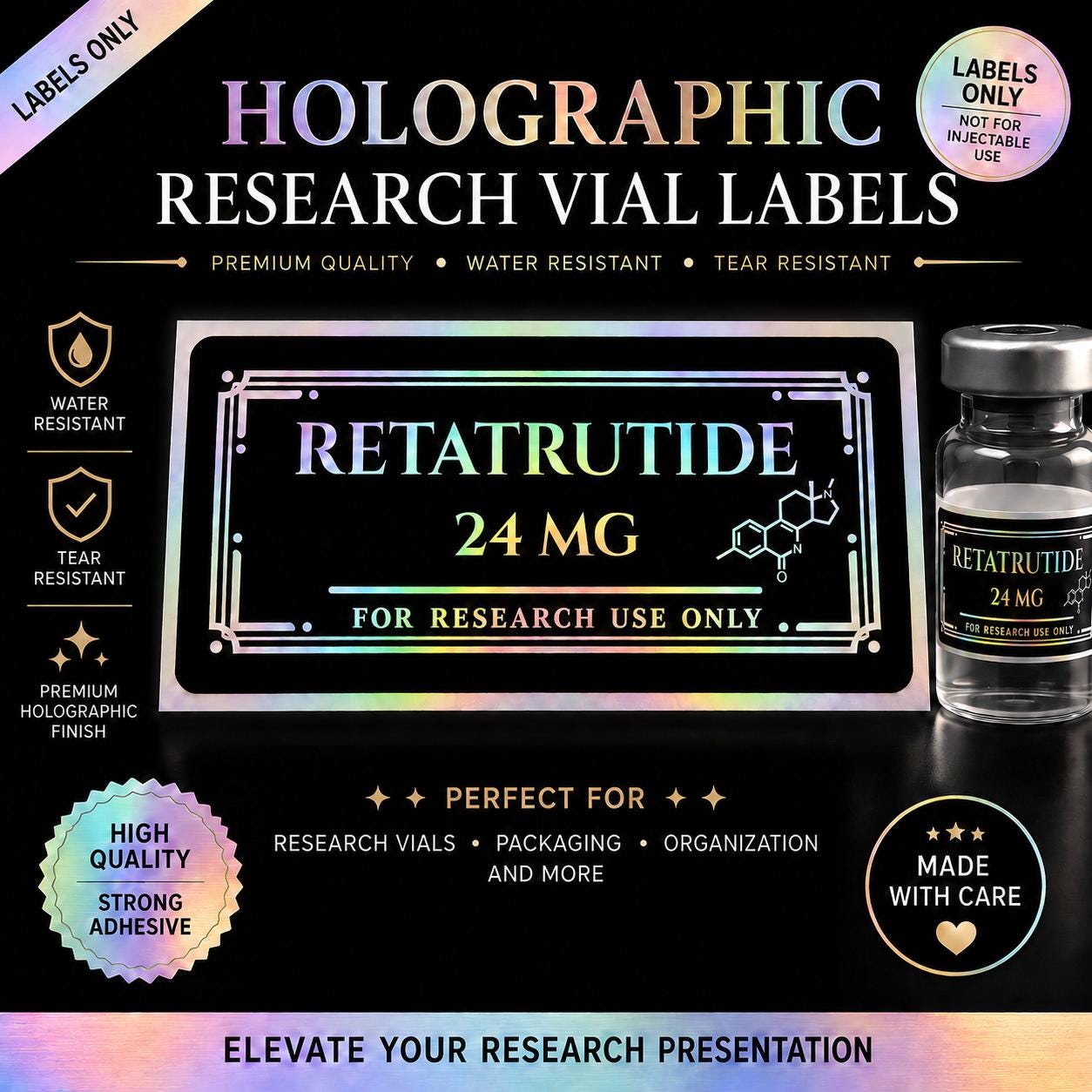 Holographic Research Vial Labels | Waterproof, Tear Resistant, Pack of 10