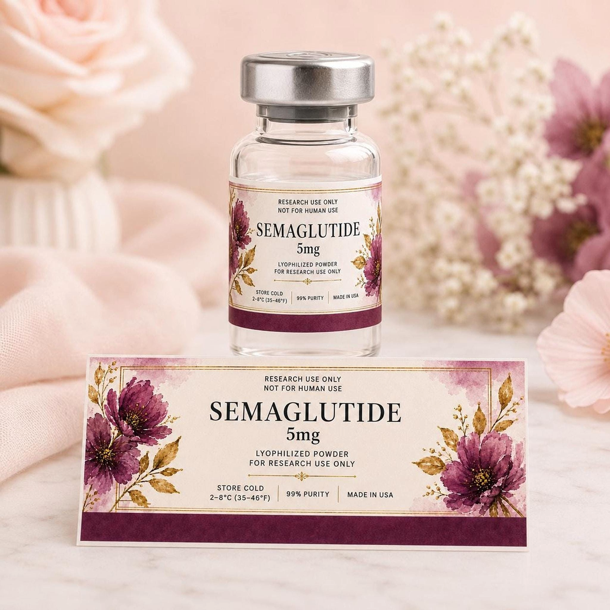 Custom Watercolor Floral Vial Labels, Waterproof Stickers for Peptide Research, 1.75 x 0.75