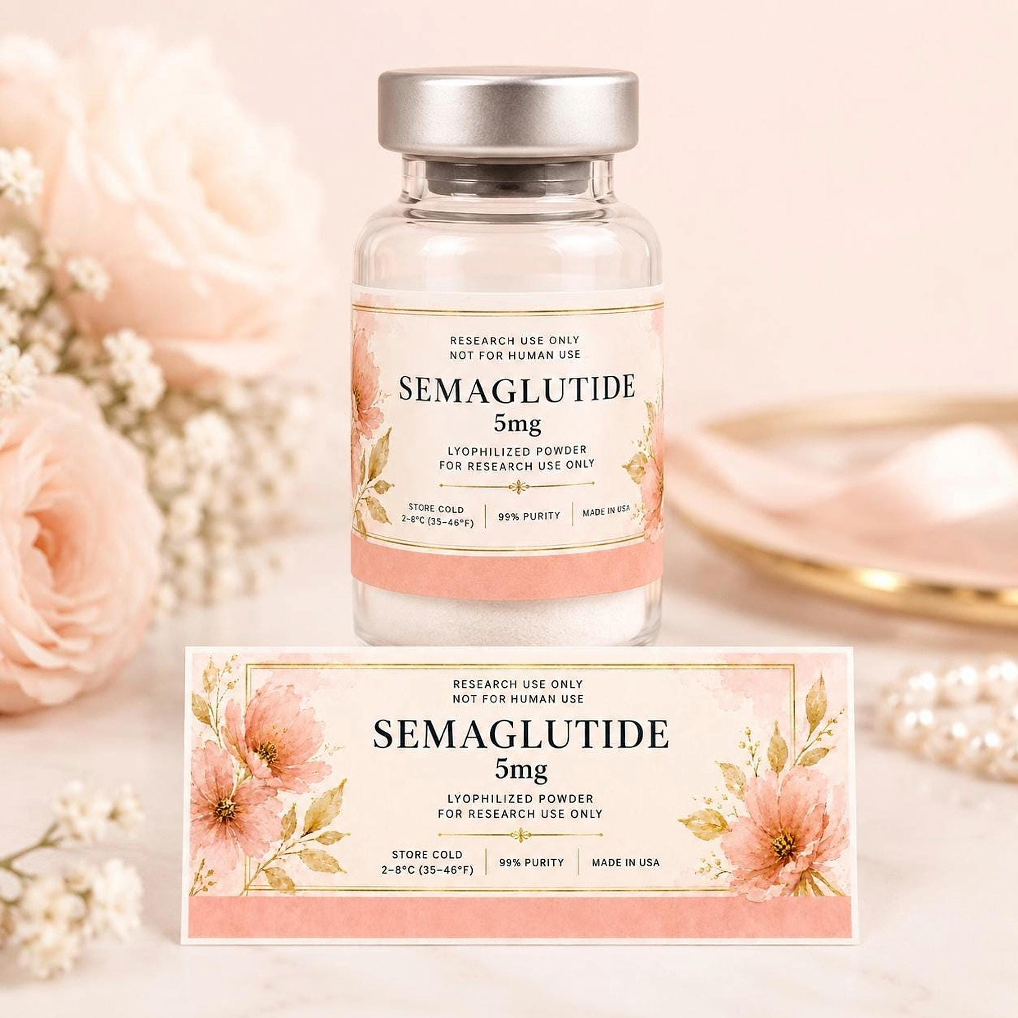 Custom Watercolor Floral Vial Labels, Waterproof Stickers for Peptide Research, 1.75 x 0.75