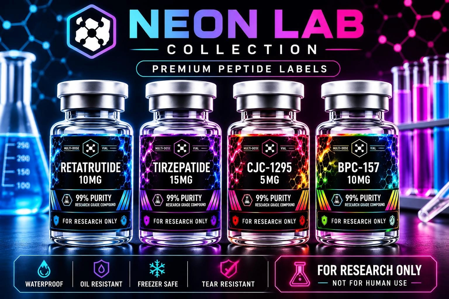 Neon Collection Peptide Vial Labels, White Gloss Waterproof for 3ml-10ml
