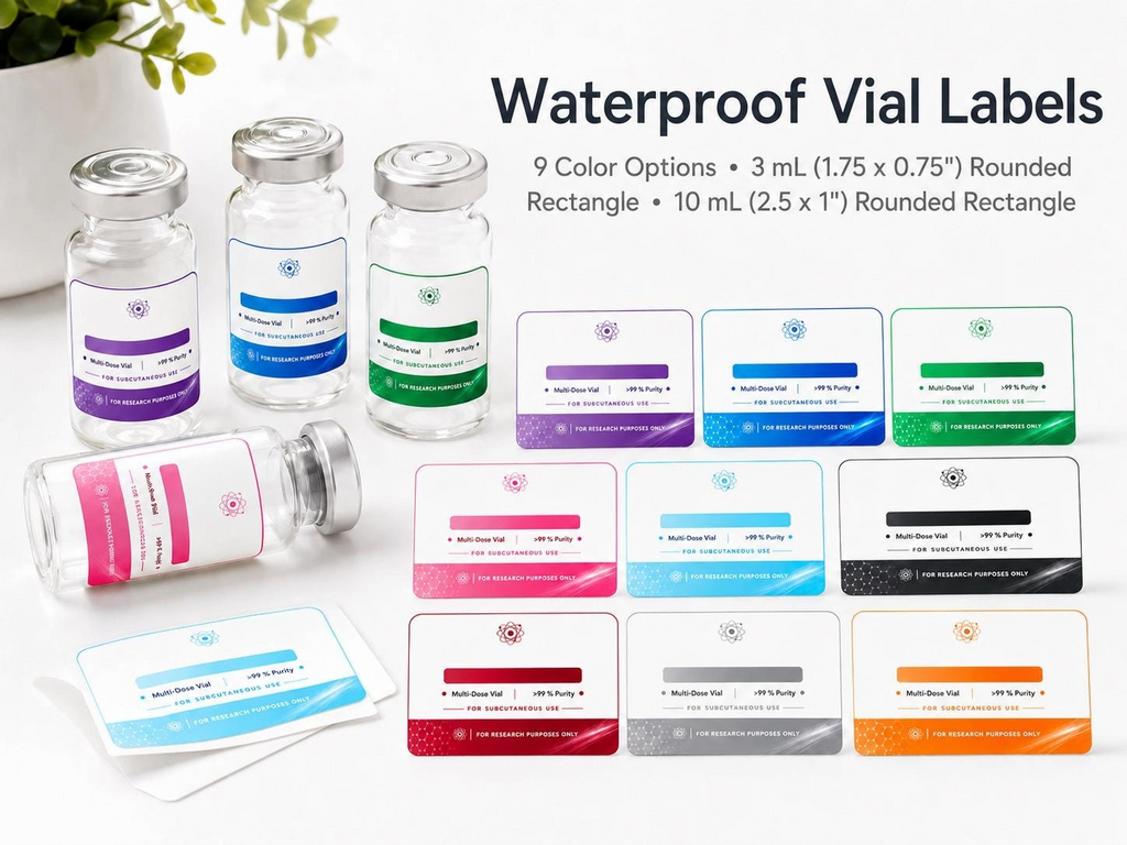 Customizable peptide labels for vials; waterproof satin white stickers in various colors, 10 count.