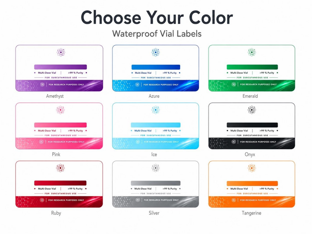 Customizable peptide labels for vials; waterproof satin white stickers in various colors, 10 count.