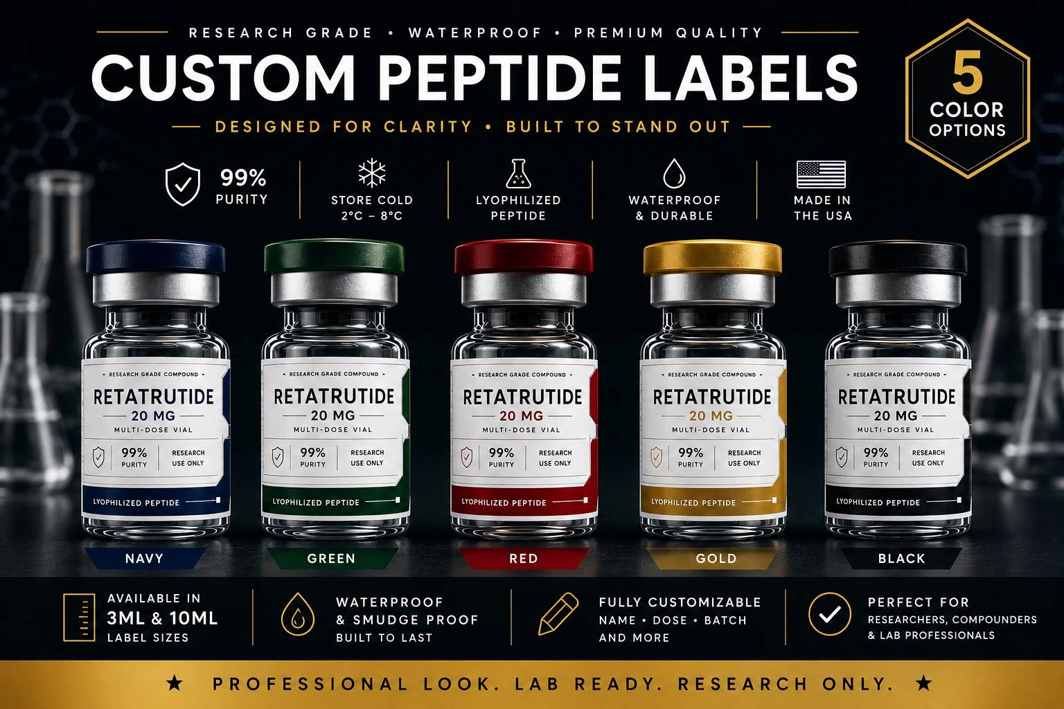 Custom Peptide Vial Labels | Waterproof White Satin Stickers for Research Vials