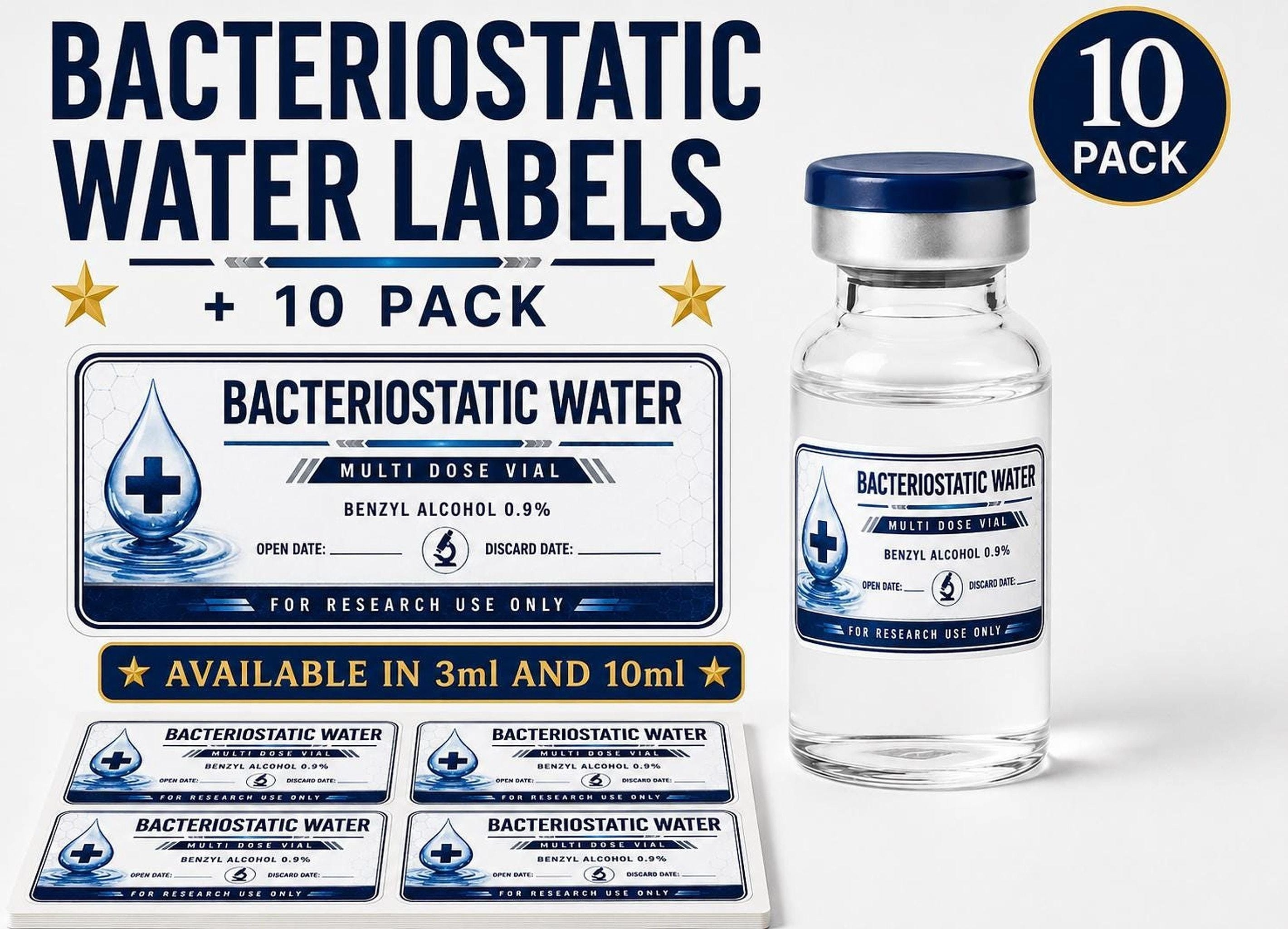 Waterproof Bacteriostatic Water Vial Labels, 3ml & 10ml Size with Opened Date Stickers