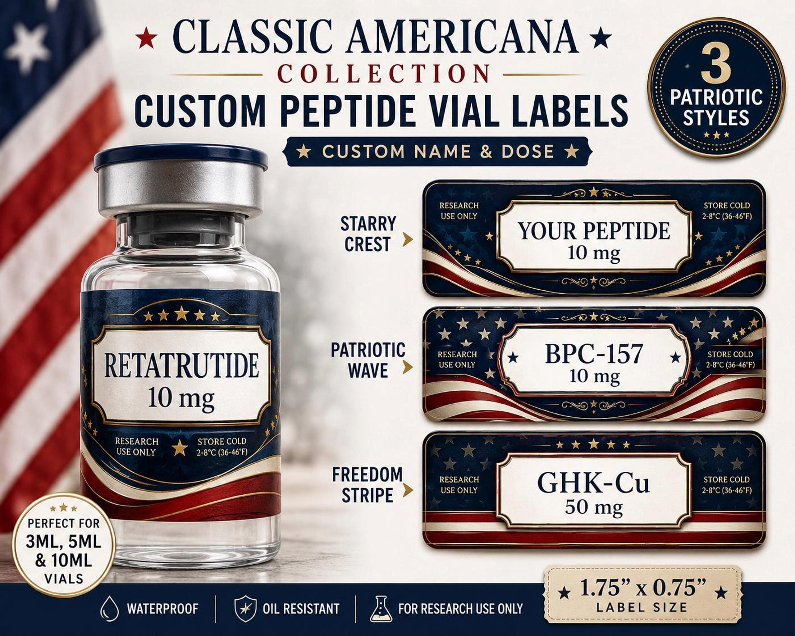 Patriotic Peptide Vial Labels | Waterproof Research Vial Stickers for 3mL 5mL 10mL