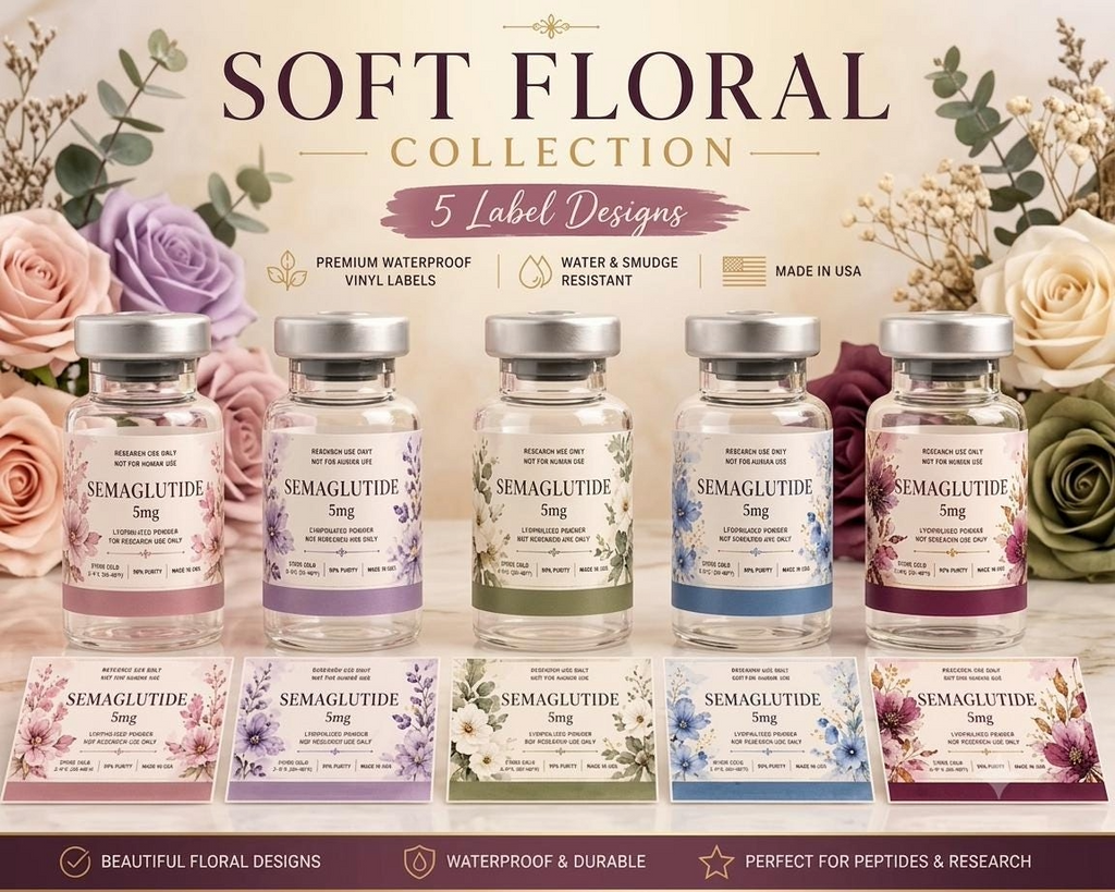 Custom Watercolor Floral Vial Labels, Waterproof Stickers for Peptide Research, 1.75 x 0.75